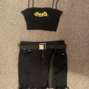 Black Crop Top and Skirt Set with Sunflower Embroidery